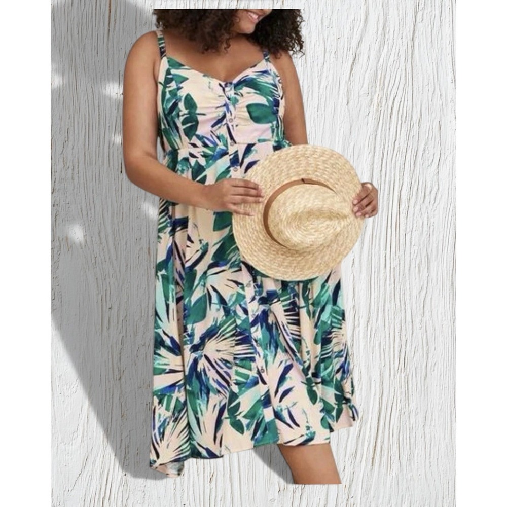 torrid Tropical Leaf Midi Dress in Cream and Green